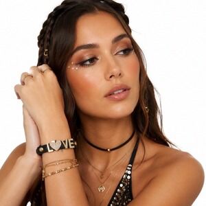 BCBG Black Faux Leather LOVE Heart Gold Tone Cuff Bracelet Snap Closure 103-201